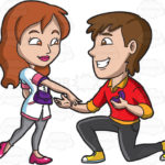 A man with dark brown hair, wearing an orange collared shirt under a red shirt, black pants, yellow with white sneakers, goes down on his knees, to show a ring and propose marriage to his girlfriend with reddish brown hair, wearing a white and pink blouse, gray leggings and pink heels